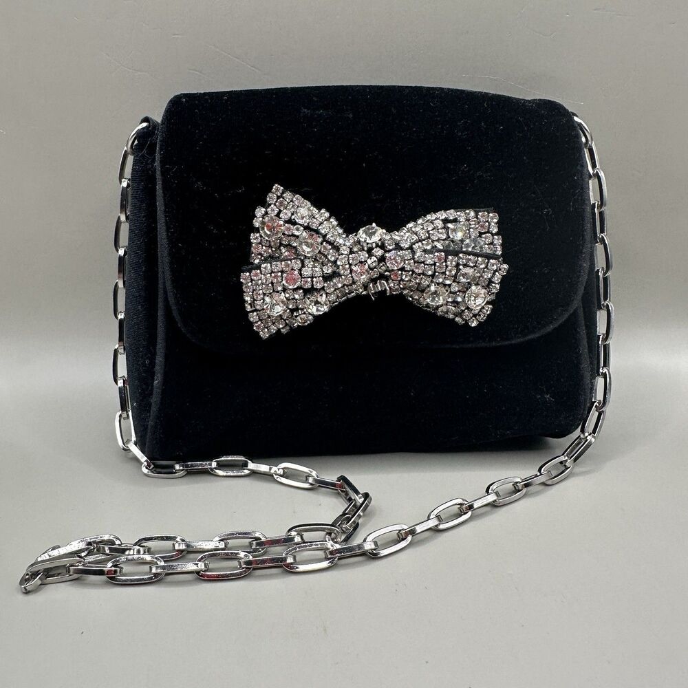 White House Black Market Rhinestone Bow Mini Velvet Evening Bag 4.5 x 3.5